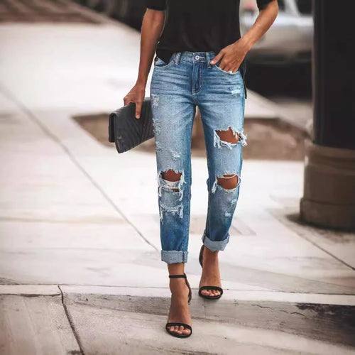 Damen Destroyed Boyfriend Jeans im lässigen Stil mit hohen Rissdetails