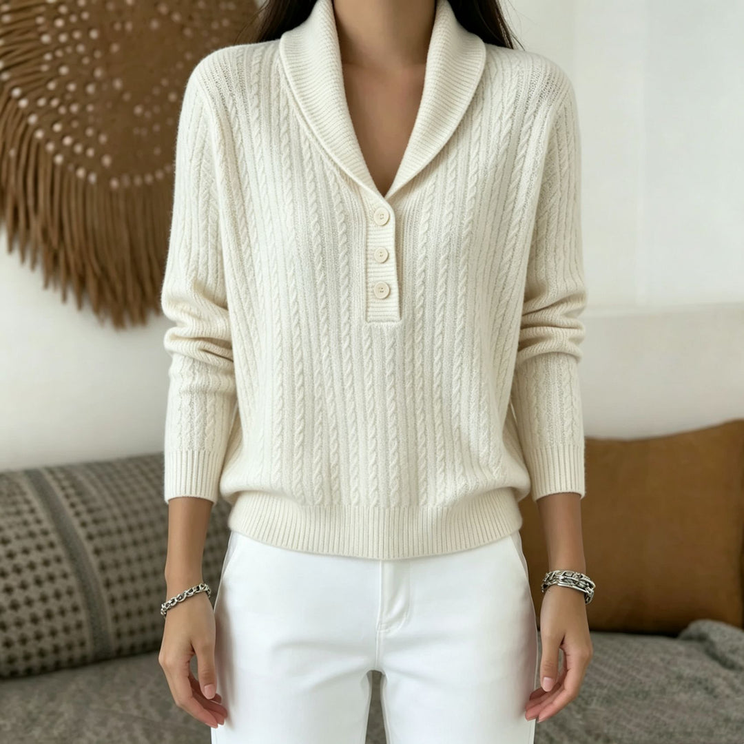 Damen Strickpullover mit Schalkragen, Zopfmuster und Knopfleiste Shop Nory
