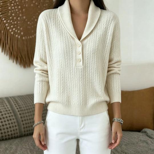 Damen Strickpullover mit Schalkragen, Zopfmuster und Knopfleiste Shop Nory