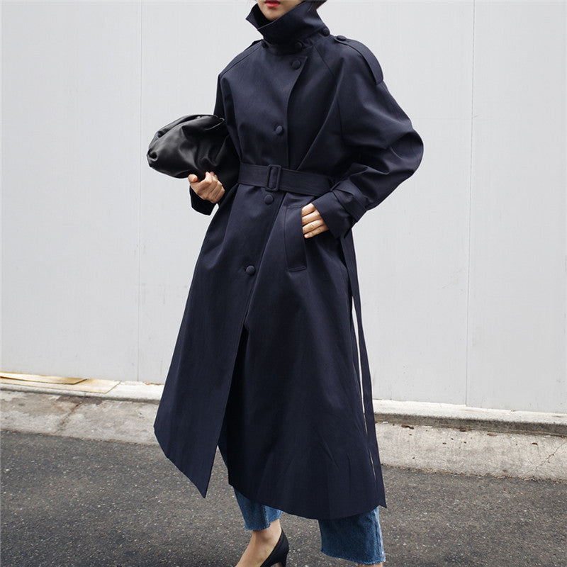 Damen Langgeschnittener Trenchcoat mit Taillengürtel und Stehkragen Shop Nory