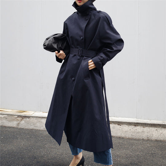 Damen Langgeschnittener Trenchcoat mit Taillengürtel und Stehkragen Shop Nory