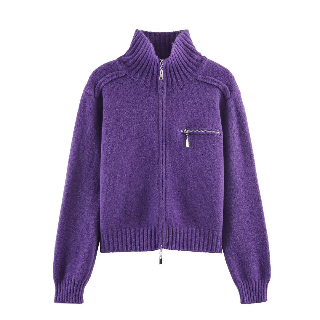 Damen Grobgestrickte Reißverschluss‑Strickjacke mit hohem Rippkragen und Brusttasche Shop Nory