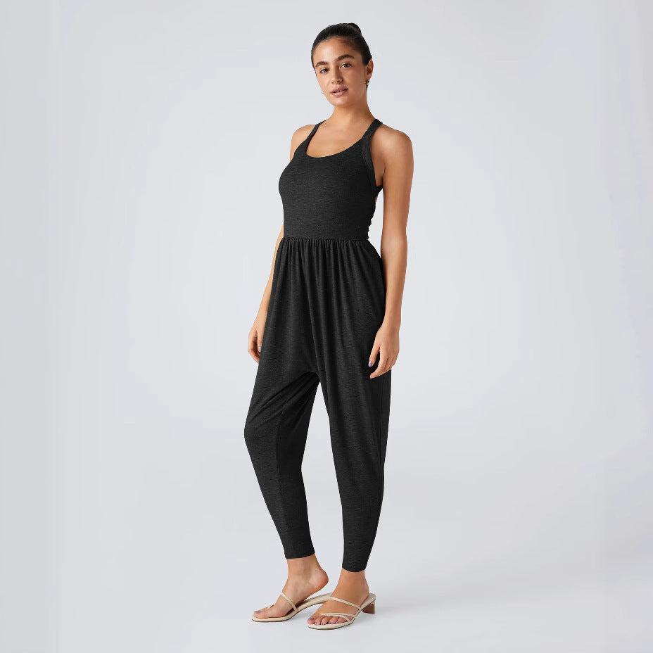 Damen nan lässiger Jersey-Overall mit Racerback, smockierter Taille und seitlichen Eingrifftaschen
