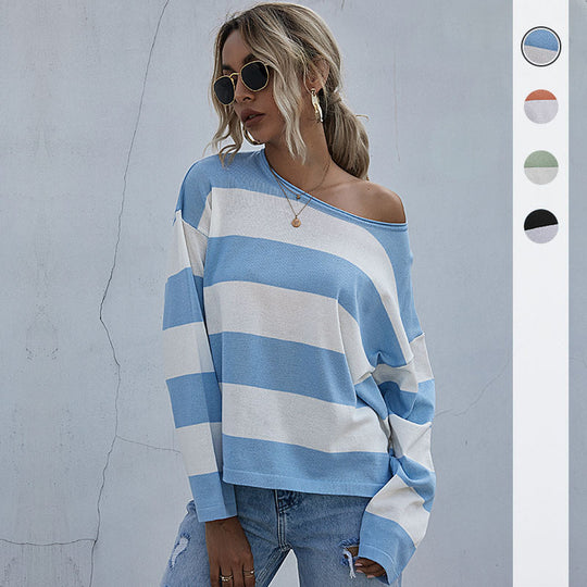 Damen Lockerer gestreifter Pullover mit Carmen-Ausschnitt und Oversize-Schnitt Shop Nory