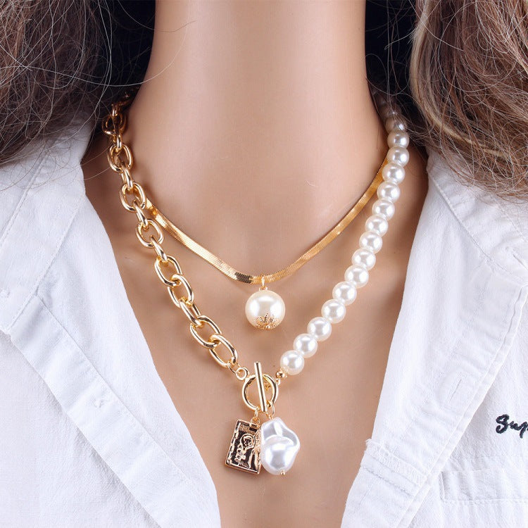 Damen Gold Tier Mehrschichtige Perlenperlen Schlangenketten Unregelmäßiger Perlenanhänger | Shop Nory