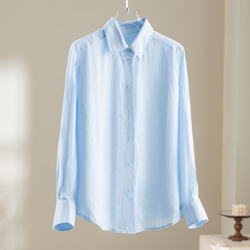 Damen Locker fallende Leinenmix-Bluse mit Hemdkragen und Manschetten Shop Nory
