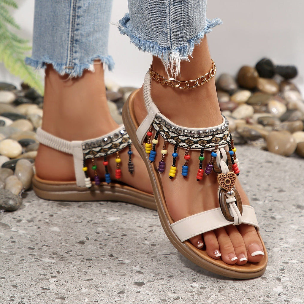 Damen Riemensandalen mit bunten Perlen und komfortablem Fußbett