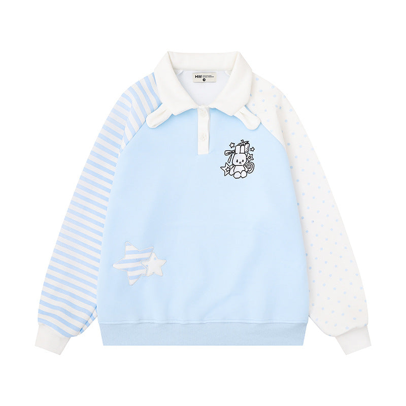 Damen Langarm-Polo-Sweatshirt im Patchwork-Stil mit kontrastierenden Ärmeln und Stern-Applikationen Shop Nory