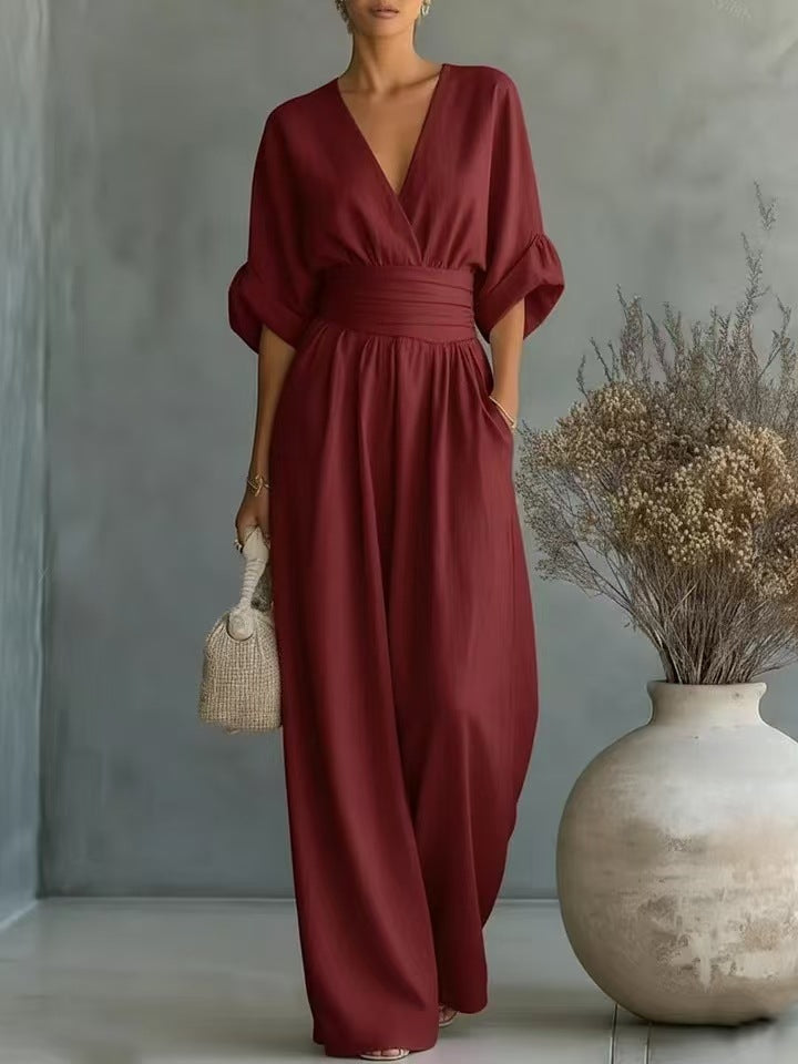 Damen Jumpsuit mit elegantem V-Ausschnitt und weitem Bein R&B