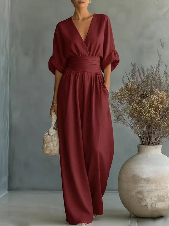 Damen Jumpsuit mit elegantem V-Ausschnitt und weitem Bein R&B