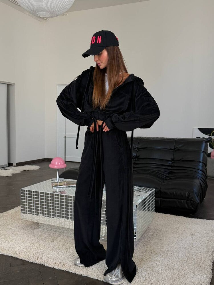 Damen Cropped Kapuzenjacke mit Kordelzug und weitem Split-Hose Lounge-Set Shop Nory