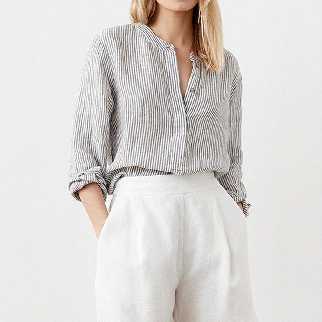 Damen Leichtes gestreiftes Tunika-Bluse mit Stehkragen und hohem Saum Shop Nory