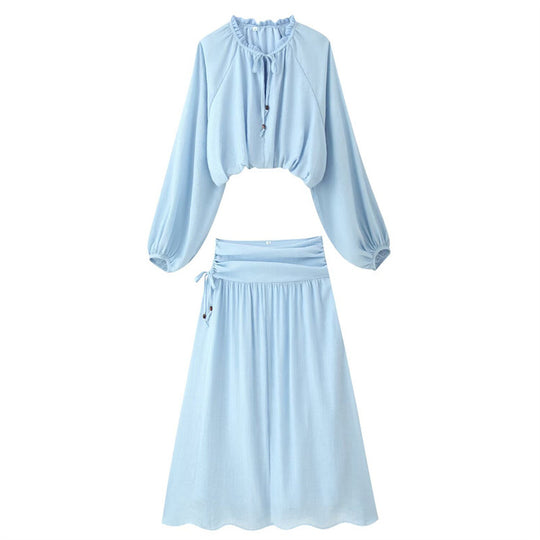 Damen Zweiteiliges Boho-Set mit verkürzter Rüschenbluse, Ballonärmeln und hochtailliertem Maxirock Shop Nory