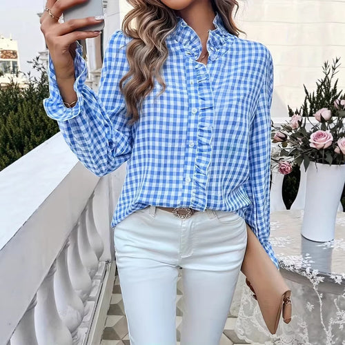 Damen karierte Rüschenbluse mit Volantkragen und langen Manschetten Shop Nory