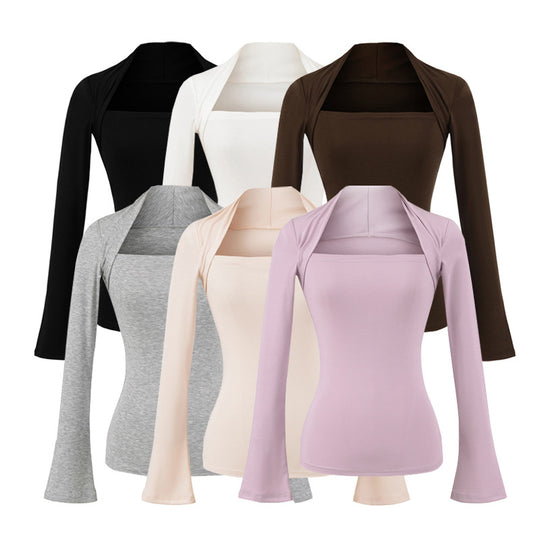 Damen Figurbetontes Langarm-Top mit weitem Schalkragen und Trompetenärmeln Shop Nory