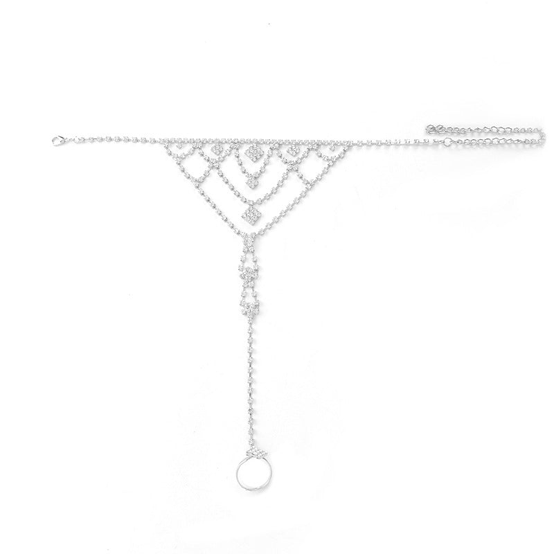 Zierliches Strass Fußschmuck Fußkettchen mit Zehenring und Verstellbarer Kettenpasse