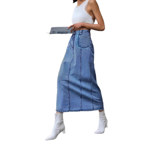Damen Hochtaillierter Jeans‑Midirock mit vertikalen Nahtpaneelen und aufgesetzten Rundtaschen Shop Nory