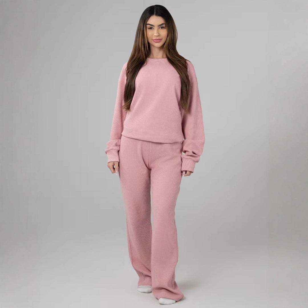 Damen geräumiges Waffelstrick-Loungewear-Set mit Rundhalsausschnitt und Tunnelzughose Shop Nory