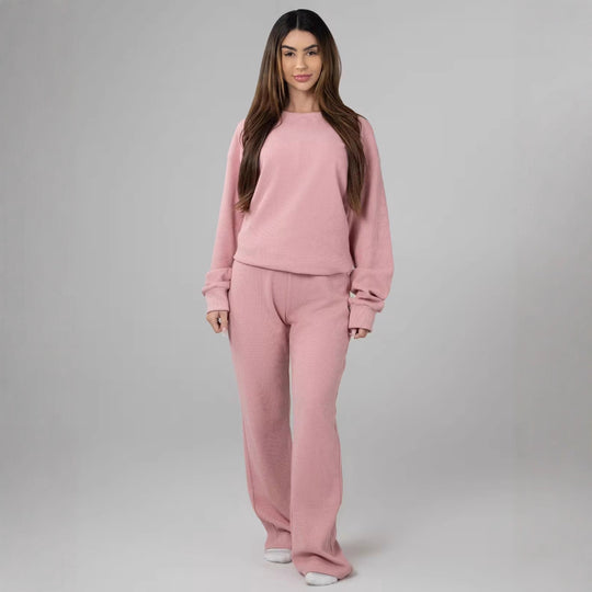 Damen geräumiges Waffelstrick-Loungewear-Set mit Rundhalsausschnitt und Tunnelzughose Shop Nory