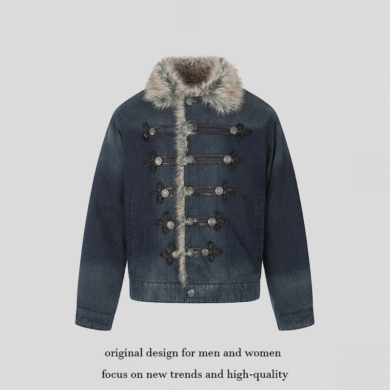 Damen Jeansjacke mit Kunstfellkragen und militärischen Zierknöpfen Shop Nory