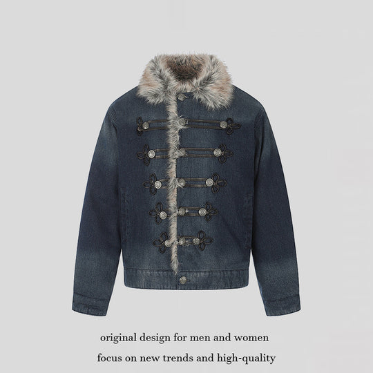 Damen Jeansjacke mit Kunstfellkragen und militärischen Zierknöpfen Shop Nory