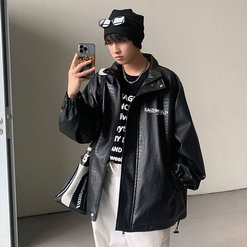 Herren Oversized Kunstlederjacke mit Krokodilprägung und Rückenlogo Shop Nory