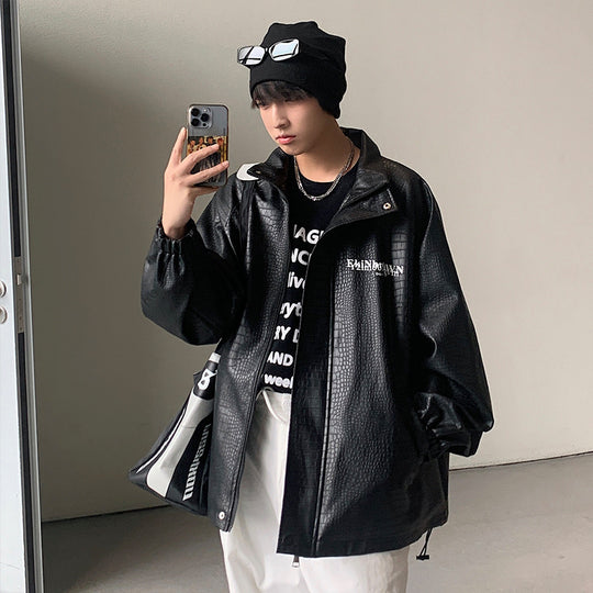 Herren Oversized Kunstlederjacke mit Krokodilprägung und Rückenlogo Shop Nory