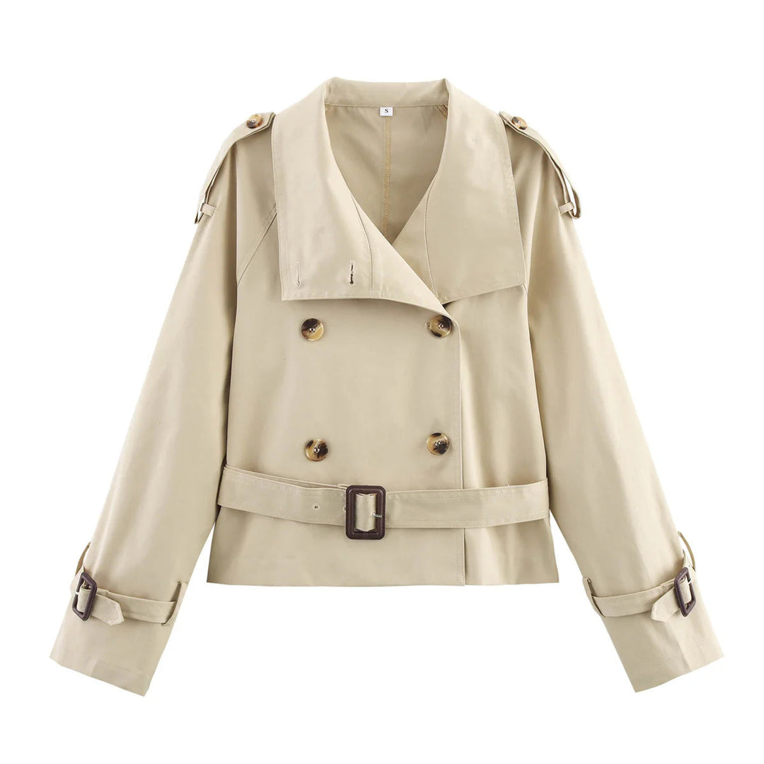 Damen modische Trenchjacke mit einzigartigen Knopfdetails und modernem Gürtel