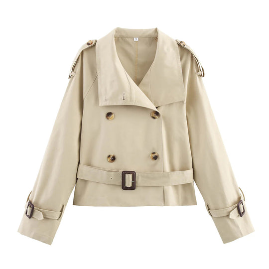 Damen modische Trenchjacke mit einzigartigen Knopfdetails und modernem Gürtel