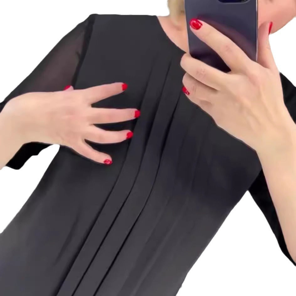 Damen Plissee Abendkleid mit transparenten Ärmeln und elegantem Schnitt