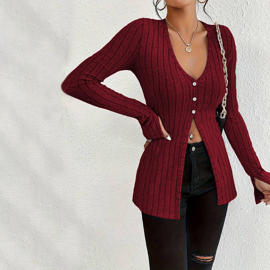 Damen gerippter V-Ausschnitt-Cardigan mit Knopfleiste taillierter Longline-Silhouette Shop Nory