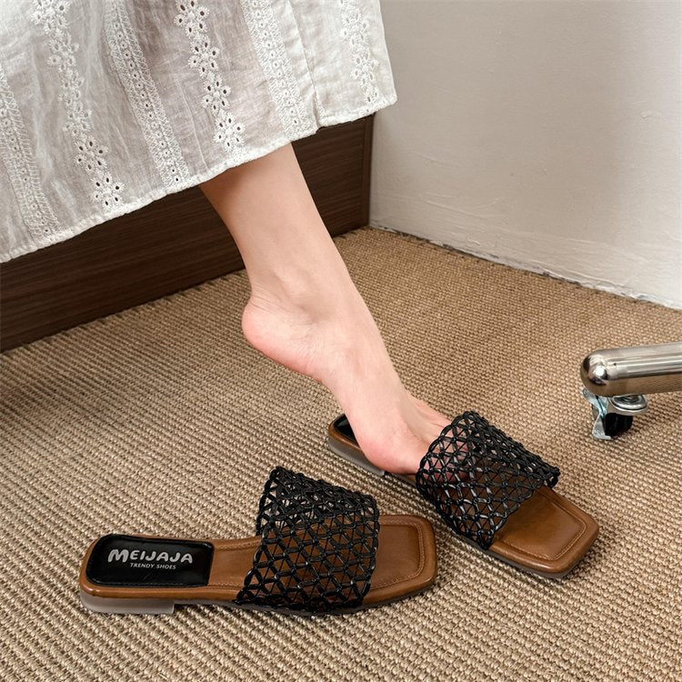 Damen elegante Flach-Sandaletten mit dekorativem Netzdesign Shopnory