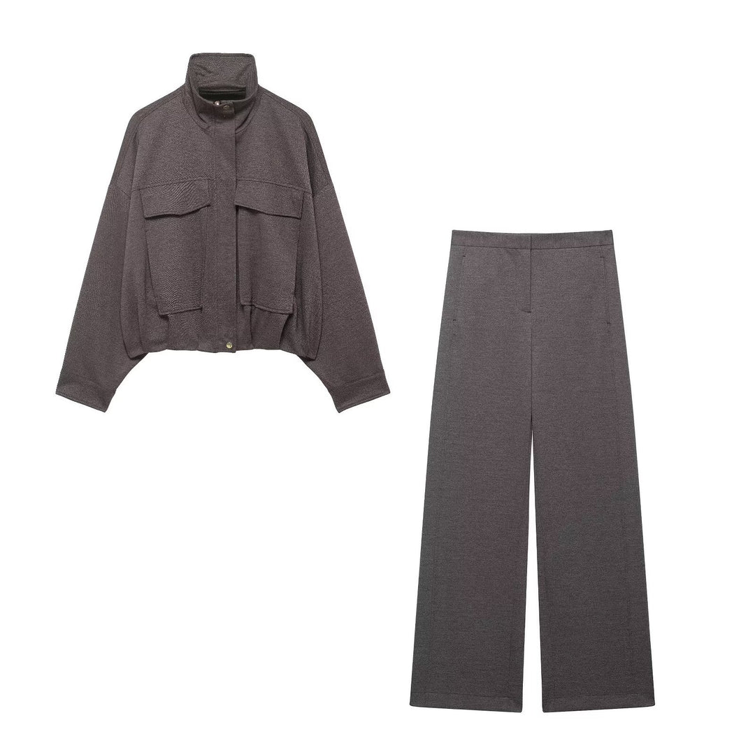Damen Zweiteiliges Set aus Cropped-Boxy-Jacke mit Stehkragen und hochtaillierter weiter Hose Shop Nory