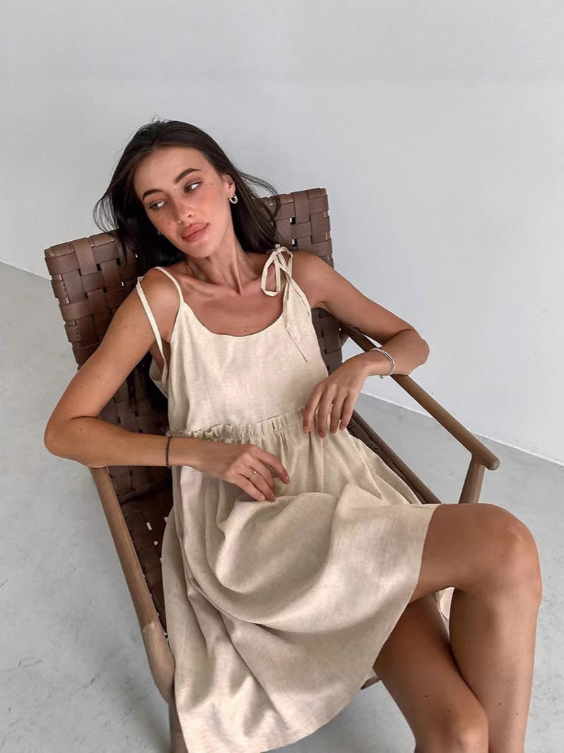 Damen lässiges Spaghettiträger-Kleid mit elastischem Bund und dekorativen Schleifen