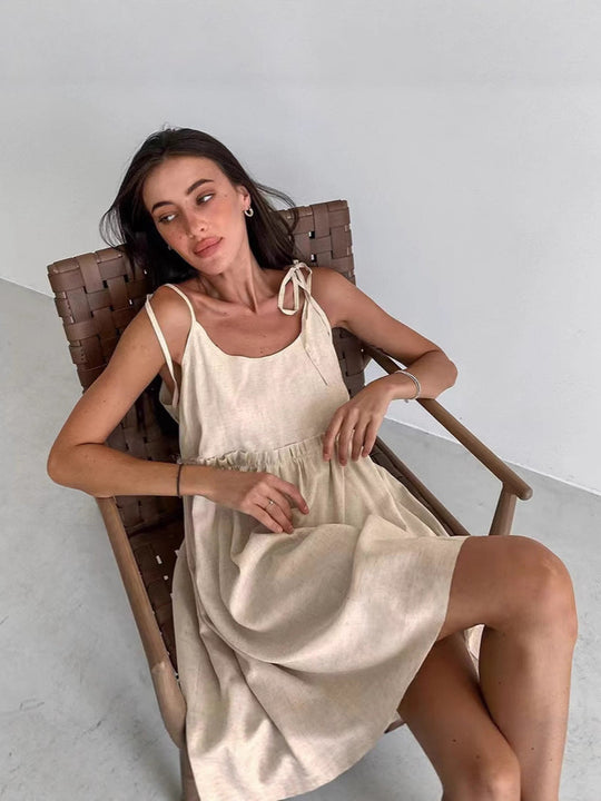 Damen lässiges Spaghettiträger-Kleid mit elastischem Bund und dekorativen Schleifen