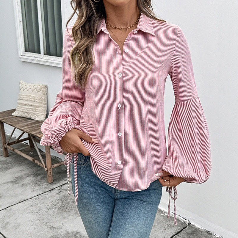 Damen Leichte Nadelstreifen-Hemdbluse mit Kordel-Ballonärmeln Shop Nory