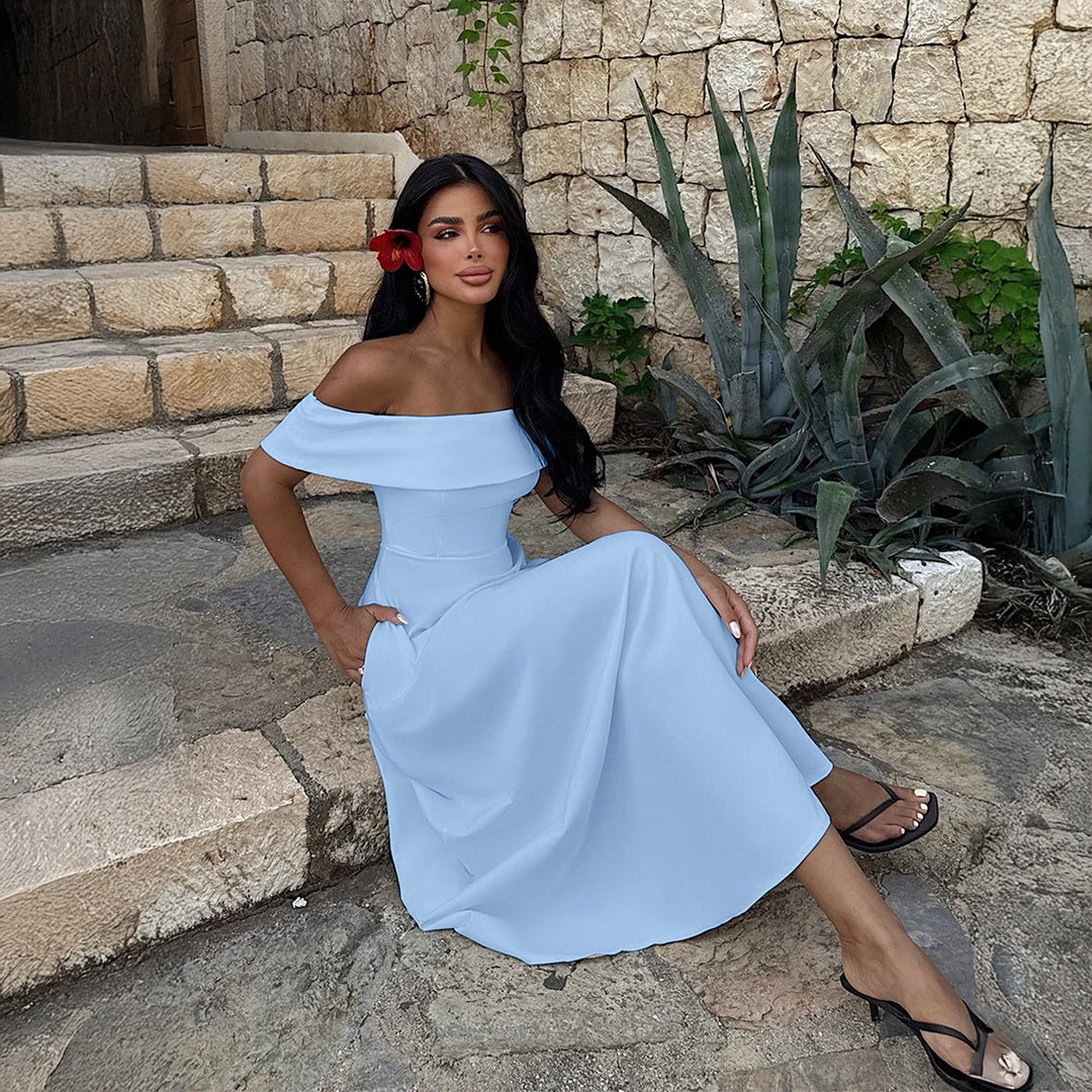 Damen Off-Shoulder Maxikleid mit Taschen und eleganter Silhouette Shopnory