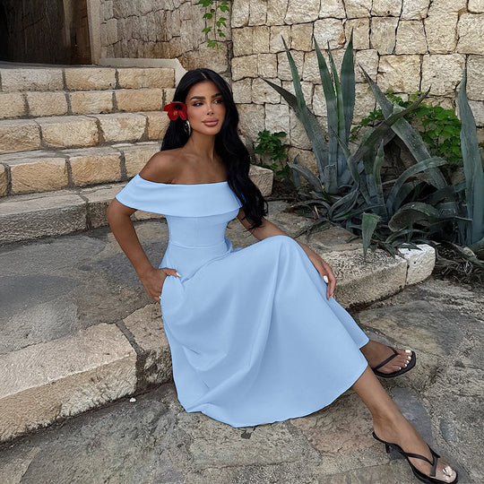 Damen Off-Shoulder Maxikleid mit Taschen und eleganter Silhouette Shopnory