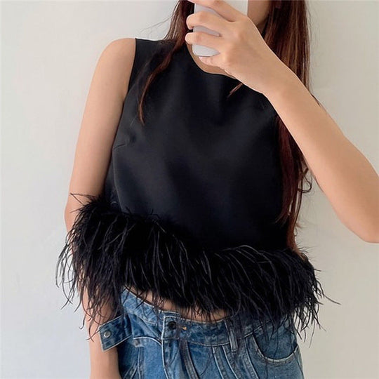 Damen Elegantes Top mit Federn und Rundhalsausschnitt