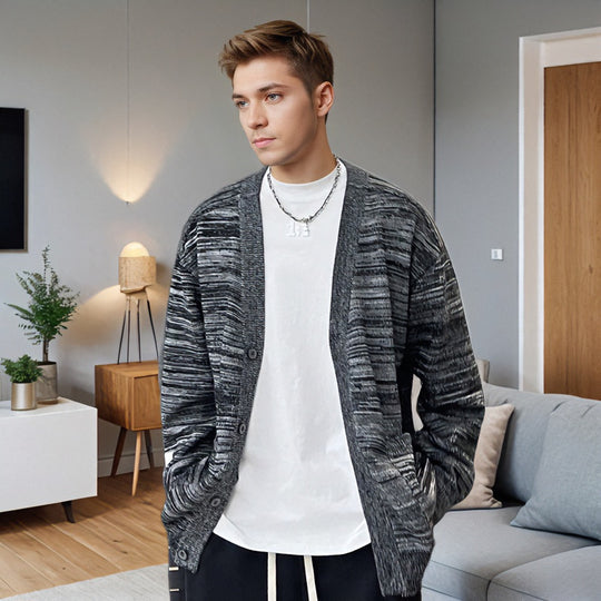Herren Lockerer Melierter Oversize-Strickcardigan mit Knopfleiste und aufgesetzten Taschen Shop Nory