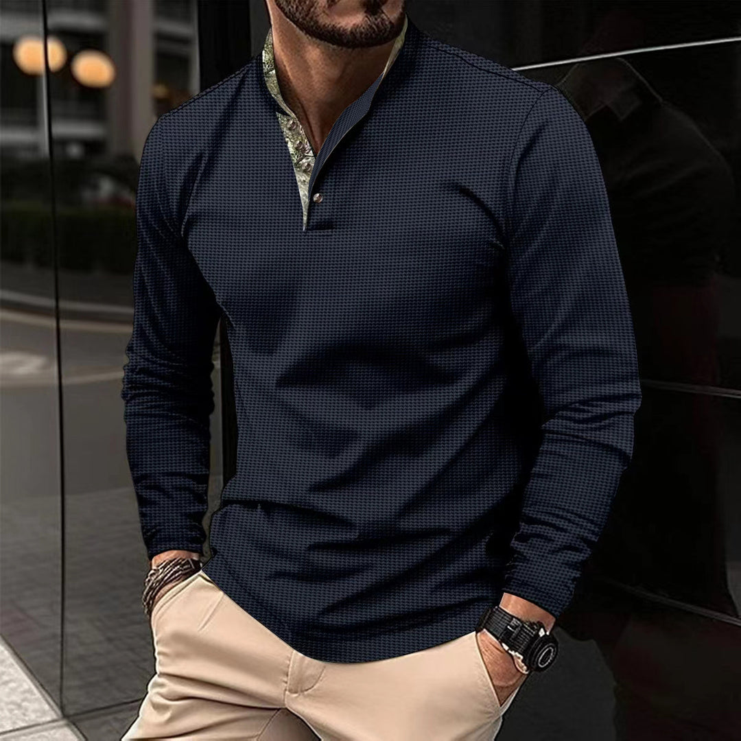Herren nan langärmliges Henley-Poloshirt mit Stehkragen, feiner Struktur und gemustertem Innenkragen Shop Nory