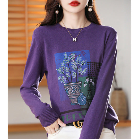 Damen Leichter Rundhalspullover mit grafischem Pflanzenprint und feinem Feinstrick Shop Nory