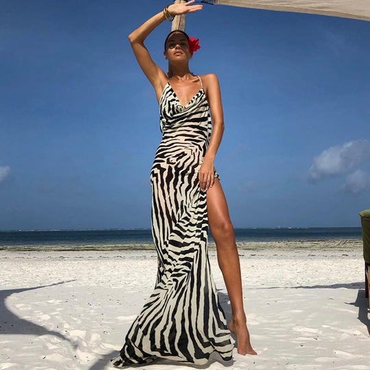Damen Maxi-Strandkleid mit elegantem Wasserfall-Ausschnitt und hohem Schlitz
