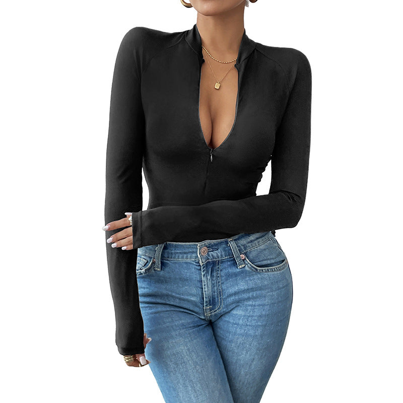 Damen Enganliegendes Langarm-Top mit kurzem Reißverschluss und tiefem V-Ausschnitt Shop Nory