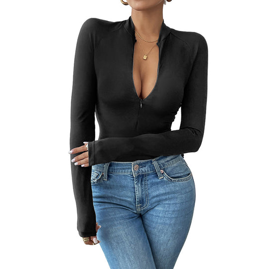 Damen Enganliegendes Langarm-Top mit kurzem Reißverschluss und tiefem V-Ausschnitt Shop Nory