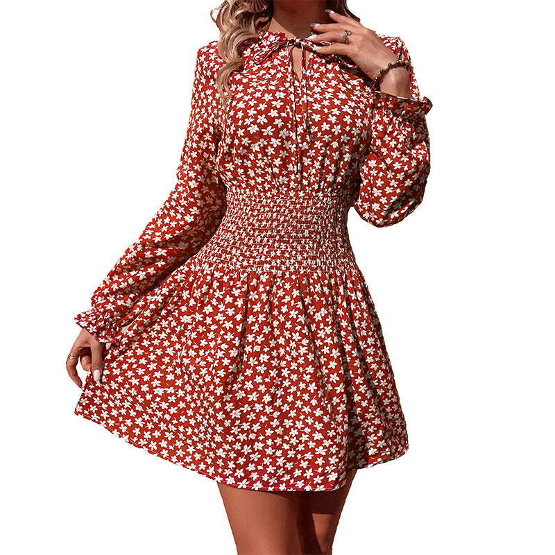 Damen Kurzblusenkleid mit Smok-Taillenpartie, Rüschenkragen und langen Ärmeln Shop Nory