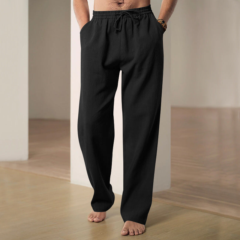 Herren nan lockere Leinen-Baumwoll-Freizeithose mit elastischem Bund und Kordelzug