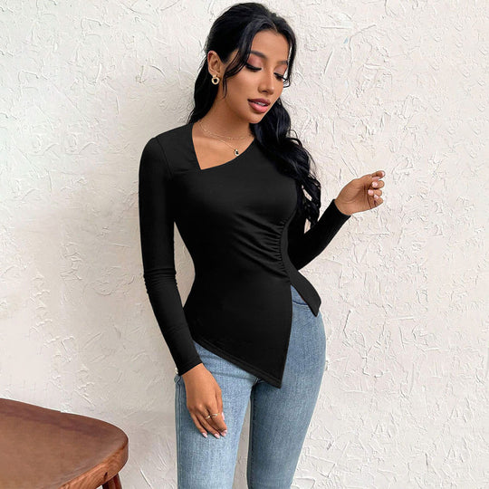 Damen asymmetrisches Langarm-Shirt mit diagonalem Cut-Out, taillierter Seitenraffung und spitz zulaufendem Zipfel-Saum Shop Nory
