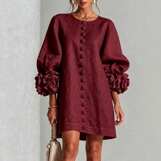 Damen Midikleid mit voluminösen Puffärmeln, 3D-Blütenknopfleiste und Leinenstruktur Shop Nory