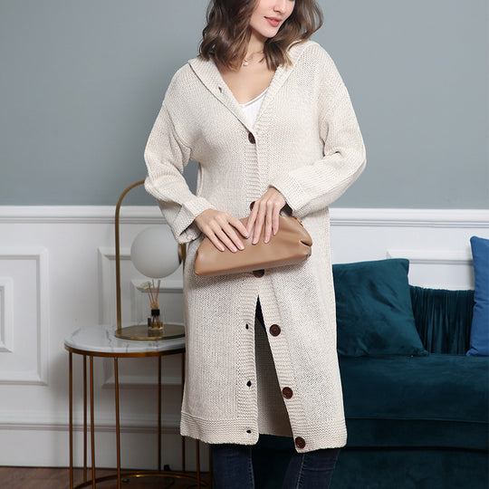 Damen Kapuzen-Longcardigan aus mitteldickem Rippstrick mit durchgehender Knopfleiste und lockerem Oversize-Schnitt Shop Nory